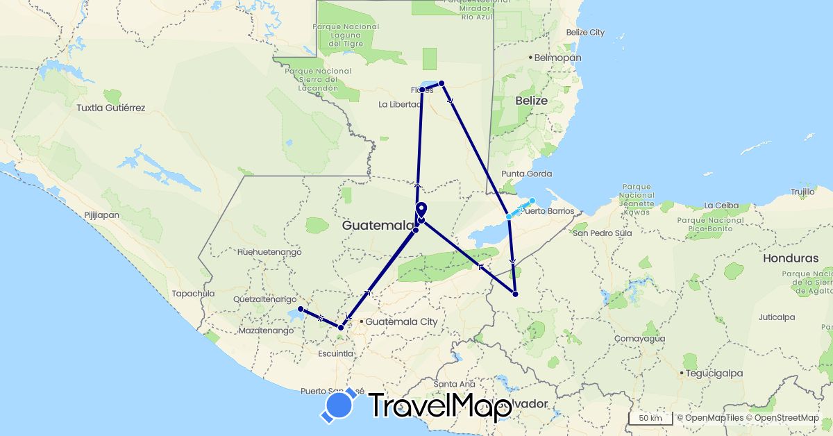 TravelMap itinerary: driving, boat in Guatemala, Honduras (North America)